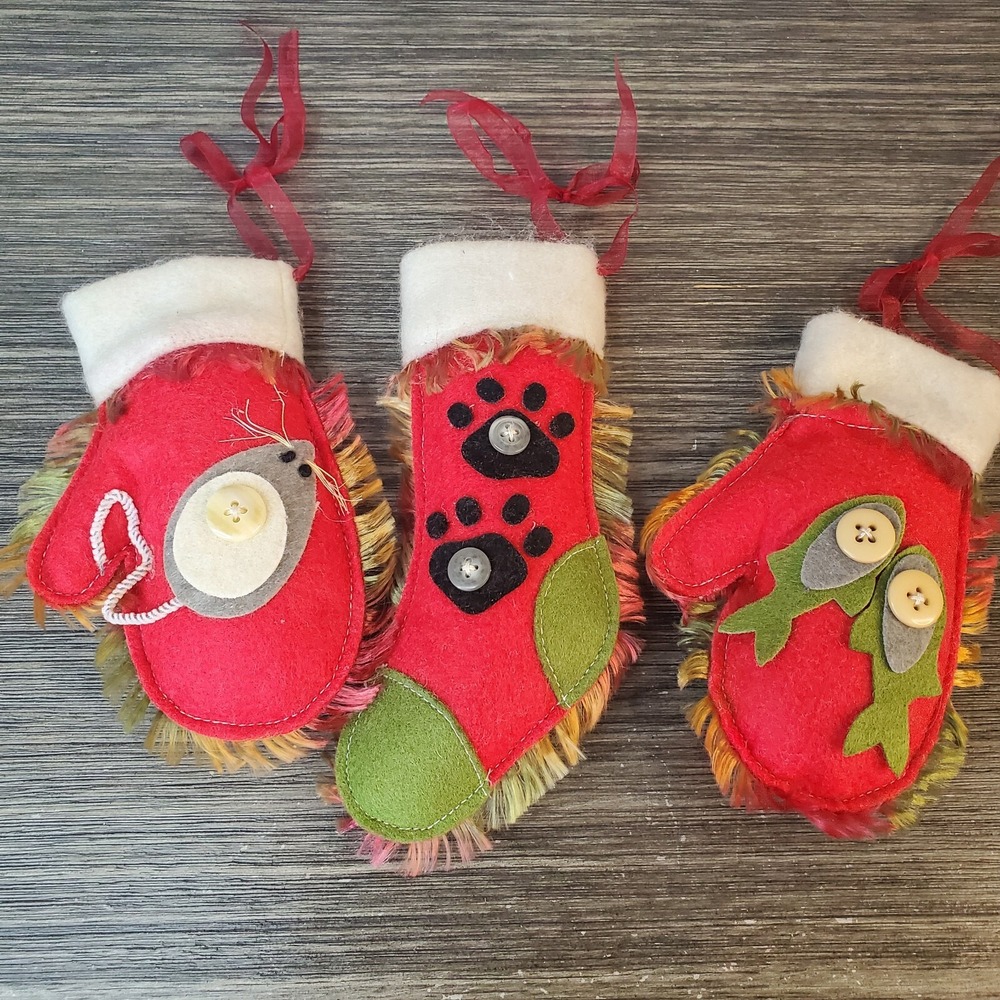 Set Of 3 Red Felt Cat Theme Christmas Ornaments Mittens, Stocking Mouse Fish Paw
